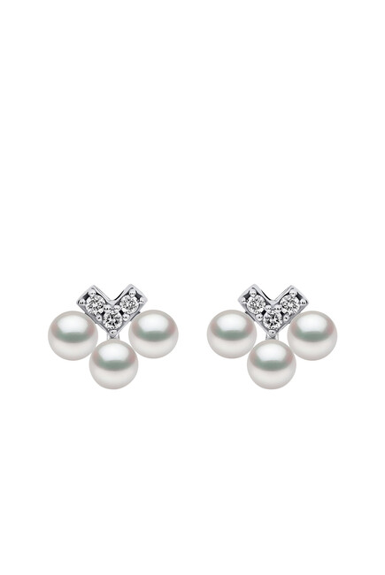 Sleek V-Shape Earrings, 18k White Gold with Akoya Pearls & Diamonds
